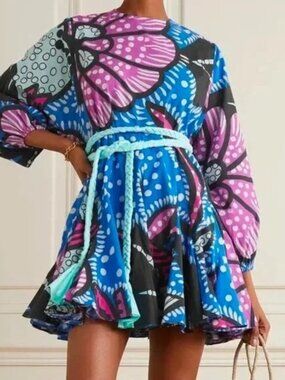 NWT $445 RHODE ELLA FLOWY MINI DRESS IN PURPLE PSYCHEDELIC FLOWER PRINT SIZE L